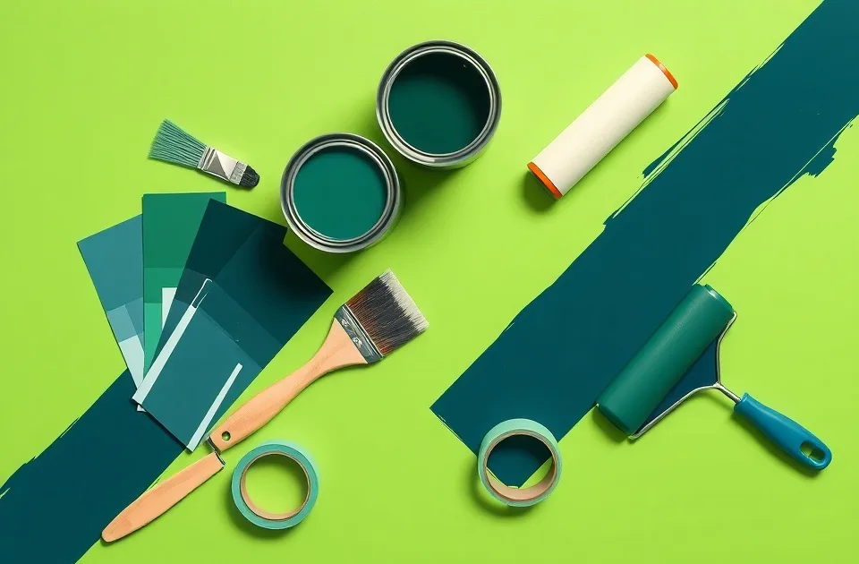 Pots de peinture, nuancier, brosses et rouleaux disposés à plat