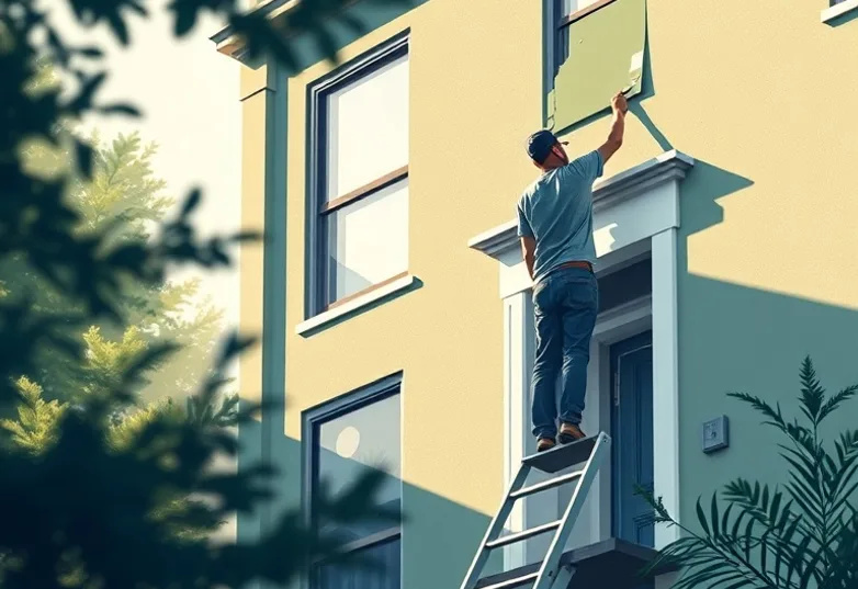 Peintre sur échafaudage traitant la façade d'une maison