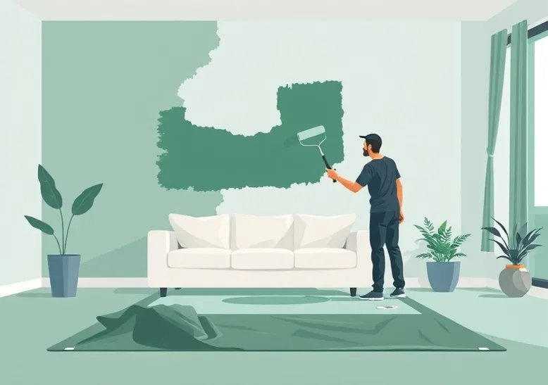 Peintre appliquant la peinture au rouleau sur un mur de salon